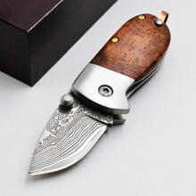 Load image into Gallery viewer, Mini Folding Knife Damascus 440C Blade Wood Handle