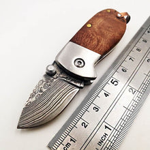 Load image into Gallery viewer, Mini Folding Knife Damascus 440C Blade Wood Handle