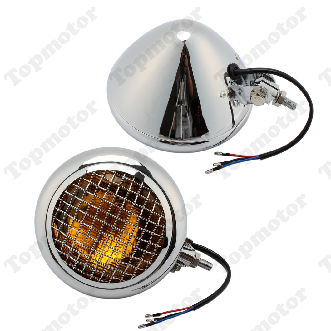 Chrome Amber Grill Retro Front Lam Vintage Headlight Cafe Racer Bobber Chopper