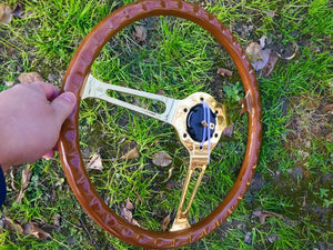 380mm 15" Wooden Classic steering wheel Chrome Spoke Vintage Classic Wood Grain