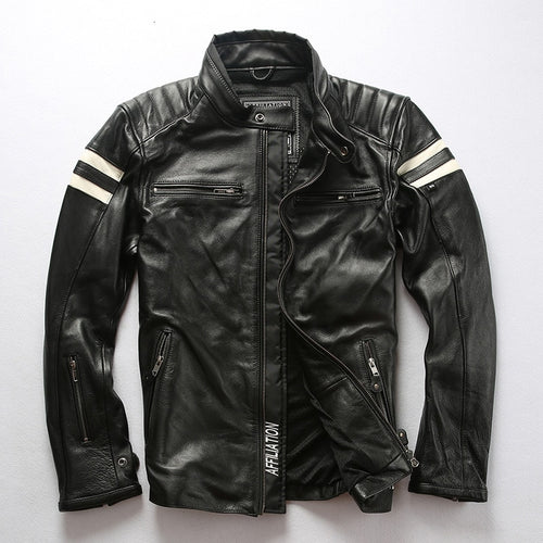 Men Black Genuine Motorcycle Cow leather jacket Fashion Biker Cowhide Jackets